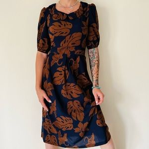 Vintage floral monstera print collared midi dress